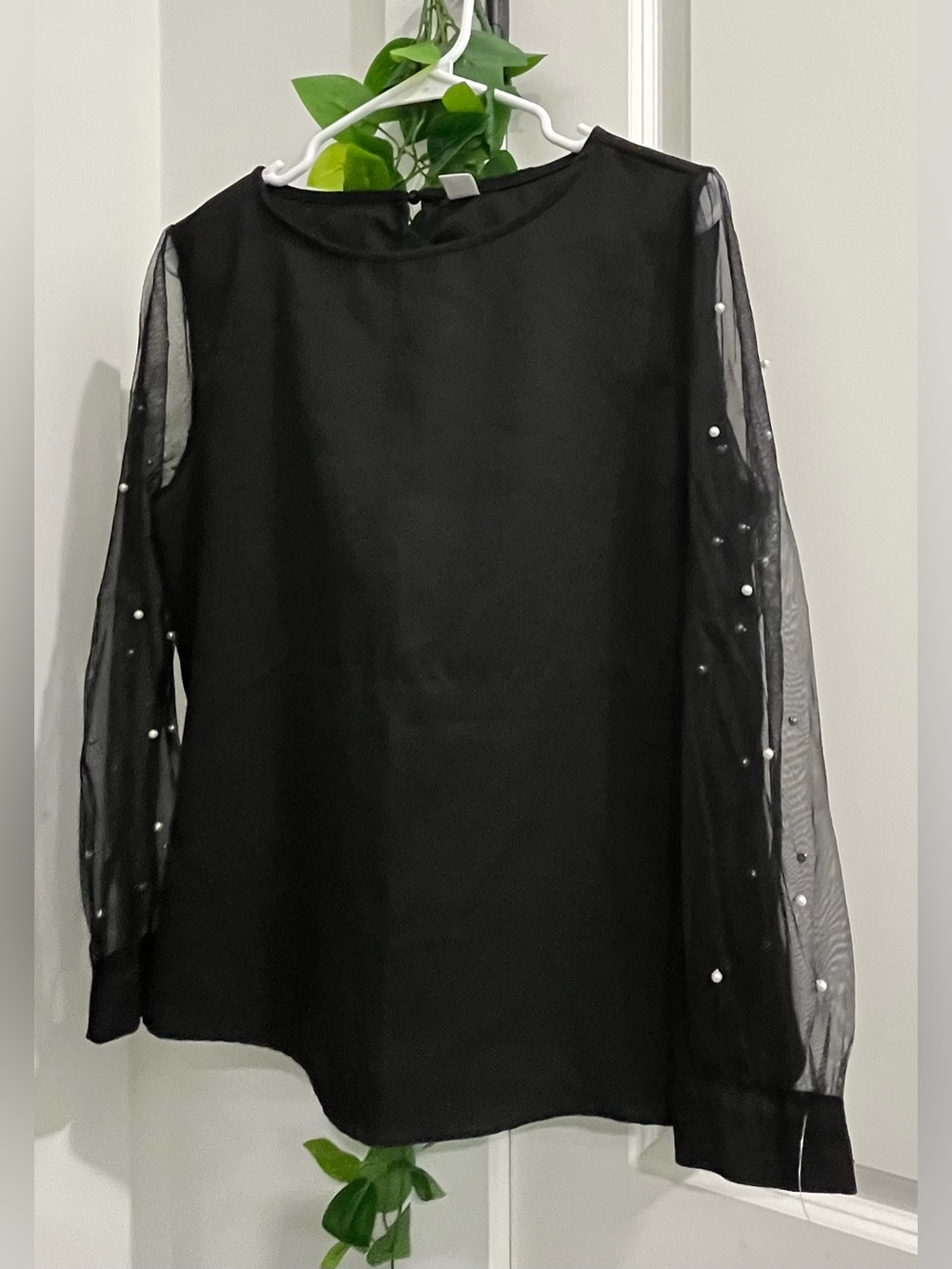 Sheer Pearl-Sleeve Black Blouse - Women's Top